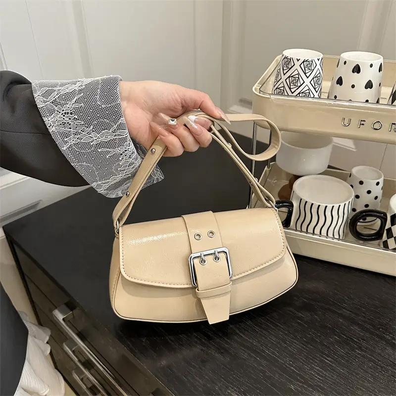 Women's Beige Belt Buckle Shoulder Bag 2025 Spring Summer