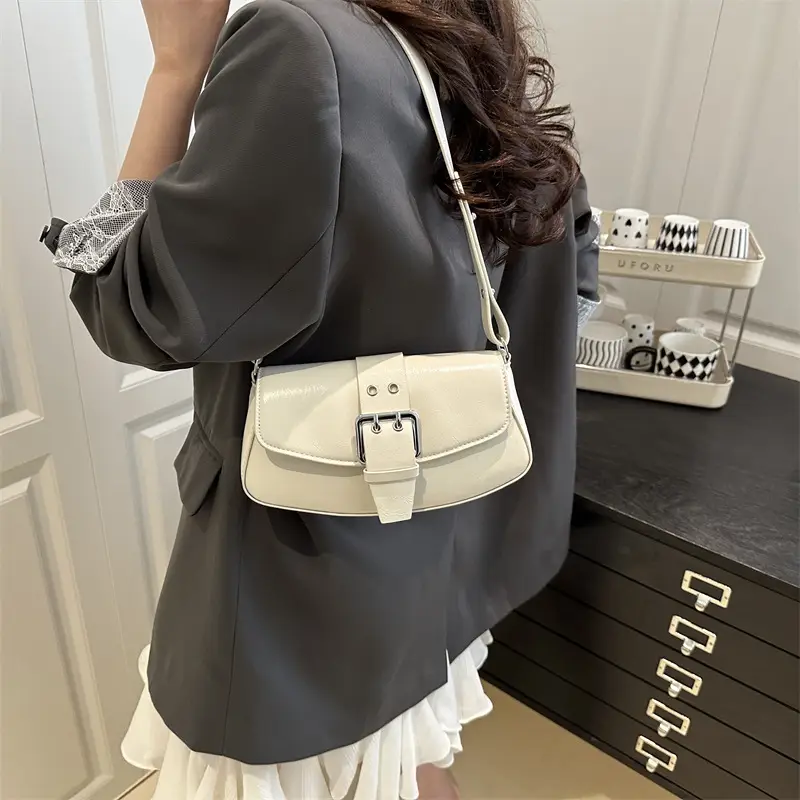 Women's Beige Belt Buckle Shoulder Bag 2025 Spring Summer
