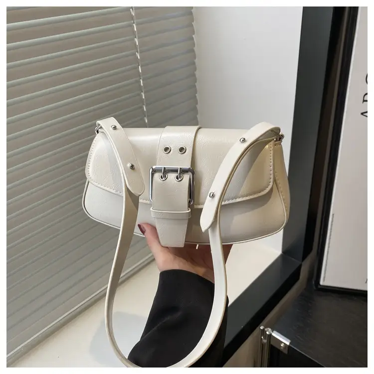 Women's Beige Belt Buckle Shoulder Bag 2025 Spring Summer