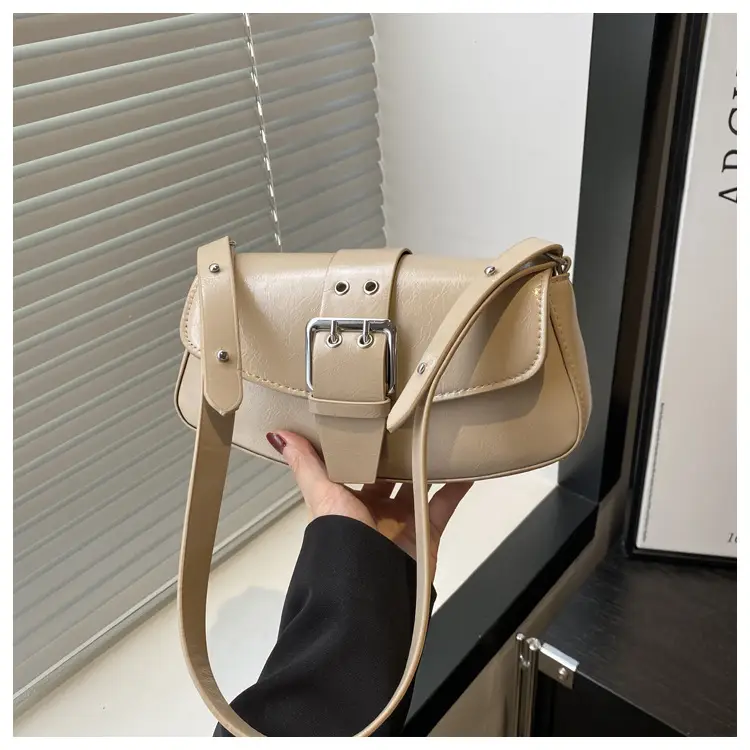 Women's Beige Belt Buckle Shoulder Bag 2025 Spring Summer