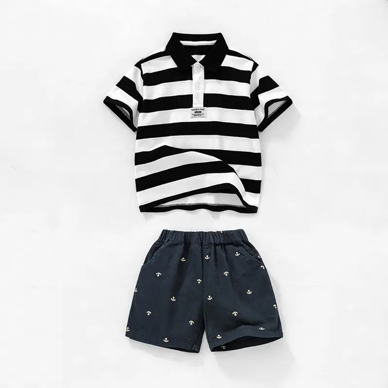 Boys Striped Polo Shirt & Shorts Set Black White Summer - Image 4
