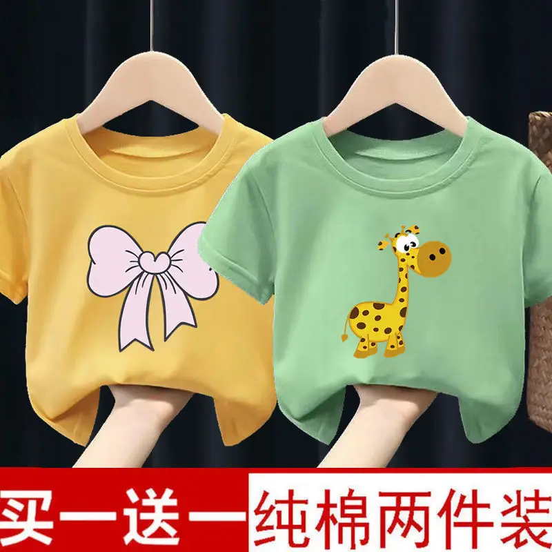 Pure Cotton Kids T-Shirts Yellow Green Bow Giraffe 2024 - Image 26