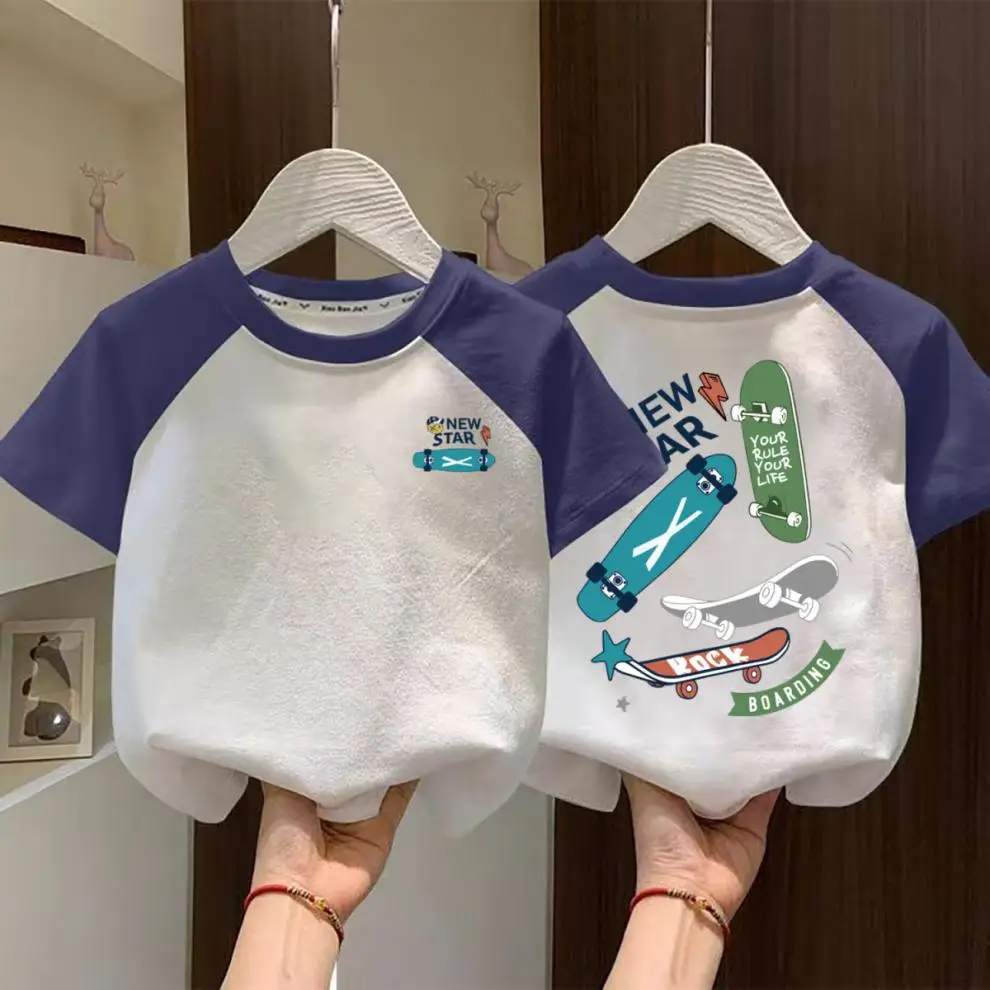 Boys Cotton Raglan T-Shirt White Blue New Summer — feature 6