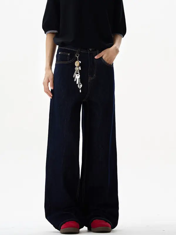 Men's Dark Blue Retro Denim Jeans Unisex Relaxed Straight