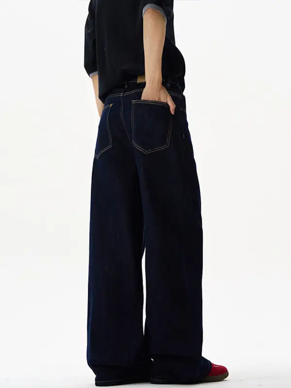 Men's Dark Blue Retro Denim Jeans Unisex Relaxed Straight