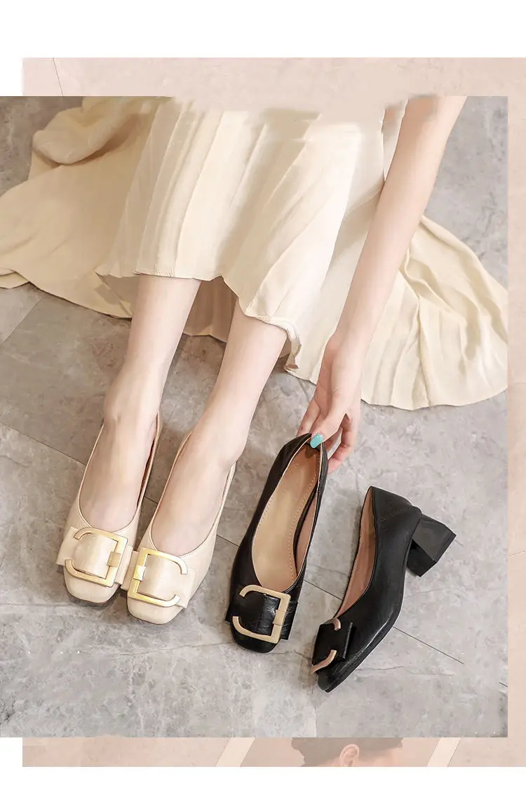 Square-Toe Spring and Autumn Shoes for Women 2026 Summer New French Style Elegant Socialite Mid-Heel Chunky Heel Shoes Shallow High-Heeled Shoes for Women — feature 2