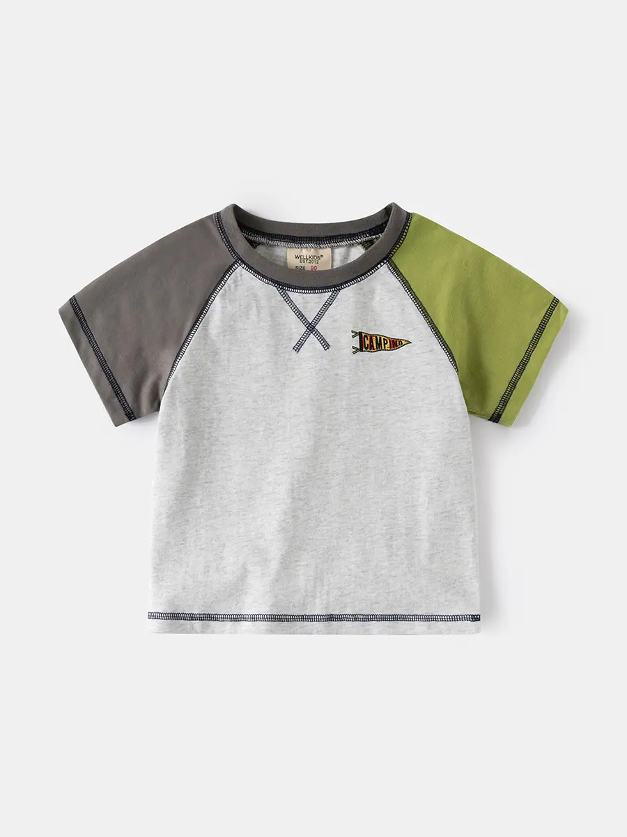2025 Boys Color-Matching Round Neck T-Shirt with Olive Green Sleeves - Image 4