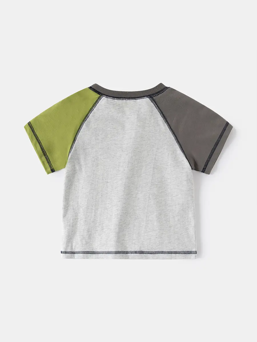 2025 Boys Color-Matching Round Neck T-Shirt with Olive Green Sleeves - Image 5