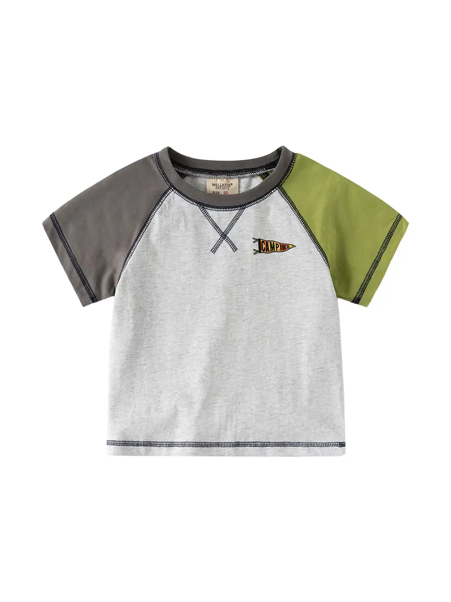 2025 Boys Color-Matching Round Neck T-Shirt with Olive Green Sleeves - Image 7
