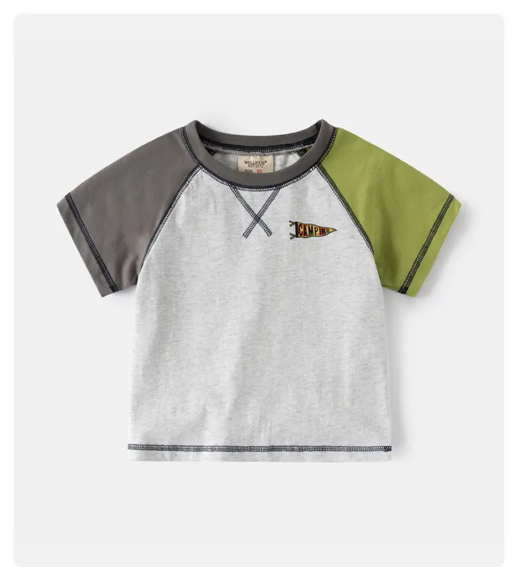 2025 Boys Color-Matching Round Neck T-Shirt with Olive Green Sleeves — feature 1