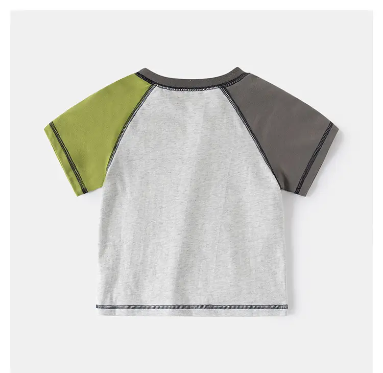 2025 Boys Color-Matching Round Neck T-Shirt with Olive Green Sleeves — feature 9