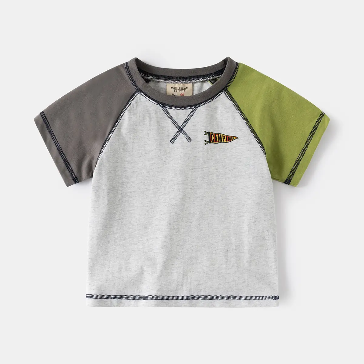 2025 Boys Color-Matching Round Neck T-Shirt with Olive Green Sleeves - Image 2