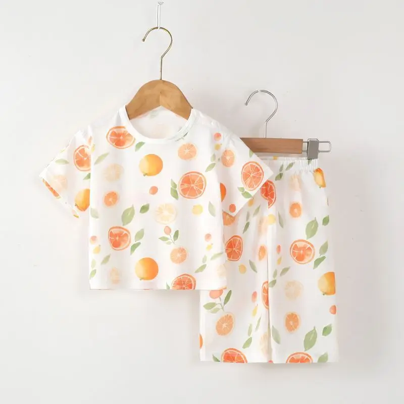 Children's Summer Pure Cotton Thin Home Clothes Men's Treasure Short-sleeved suit Girls' Air-conditioning Clothes Infant Pants Pajamas Set