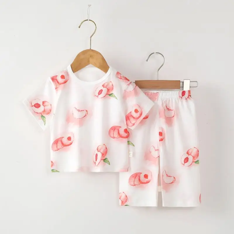 Children's Summer Pure Cotton Thin Home Clothes Men's Treasure Short-sleeved suit Girls' Air-conditioning Clothes Infant Pants Pajamas Set