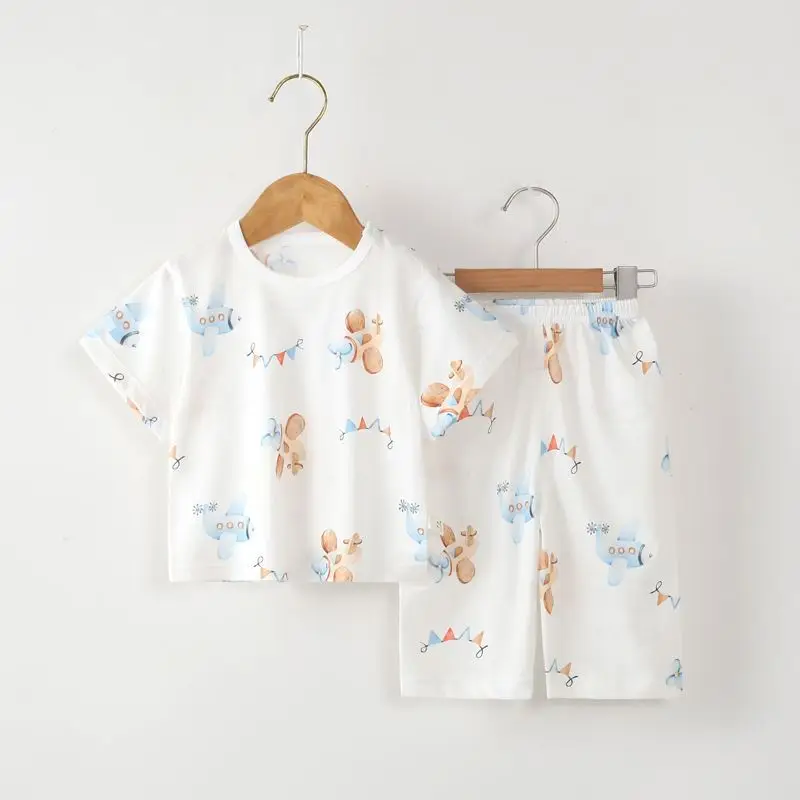 Children's Summer Pure Cotton Thin Home Clothes Men's Treasure Short-sleeved suit Girls' Air-conditioning Clothes Infant Pants Pajamas Set