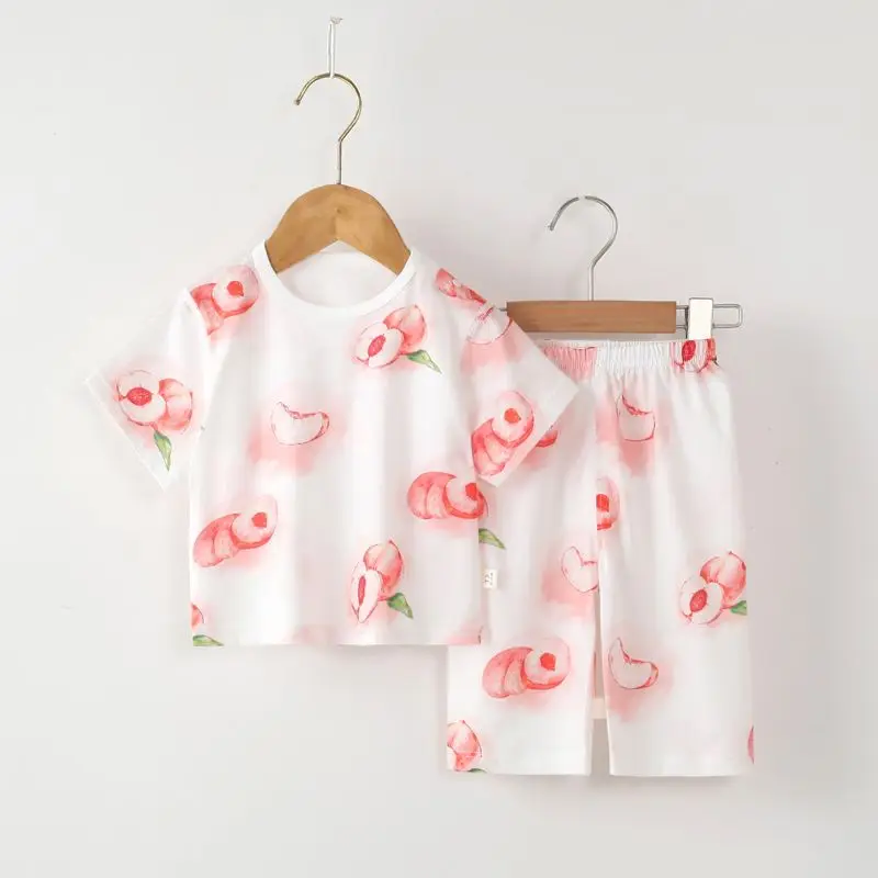 Children's Summer Pure Cotton Thin Home Clothes Men's Treasure Short-sleeved suit Girls' Air-conditioning Clothes Infant Pants Pajamas Set