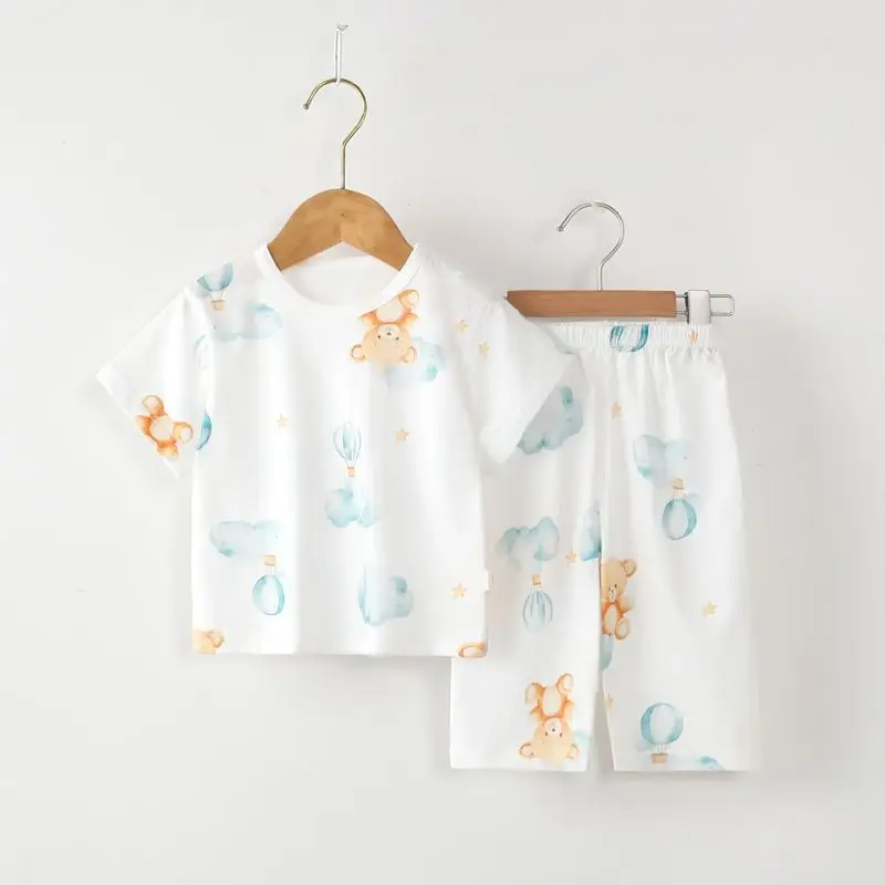 Children's Summer Pure Cotton Thin Home Clothes Men's Treasure Short-sleeved suit Girls' Air-conditioning Clothes Infant Pants Pajamas Set