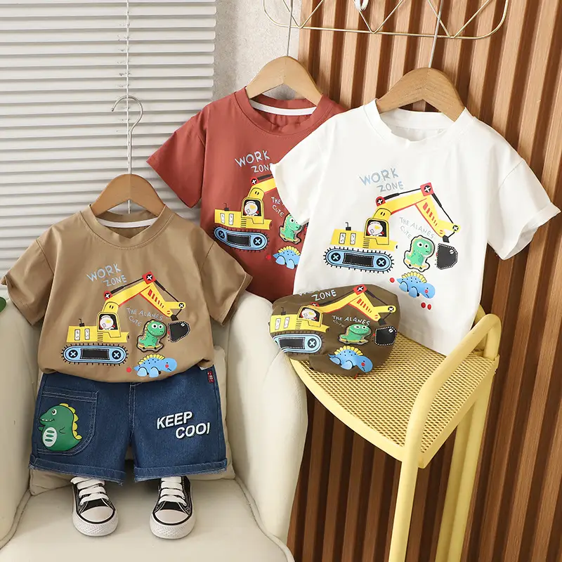 Kids New Arrival Excavator Dinosaur T-Shirt Brown Denim Shorts - Image 4
