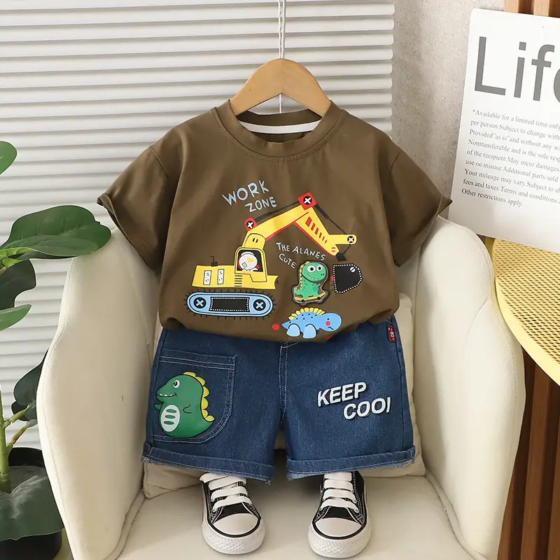 Kids New Arrival Excavator Dinosaur T-Shirt Brown Denim Shorts - Image 2