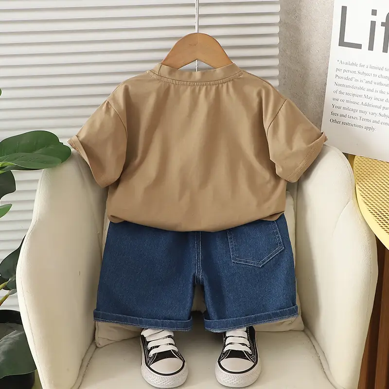 Kids New Arrival Excavator Dinosaur T-Shirt Brown Denim Shorts — feature 7