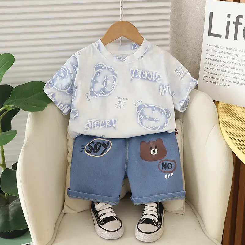 Kids Bear Print T-Shirt Shorts Set Summer Wear
