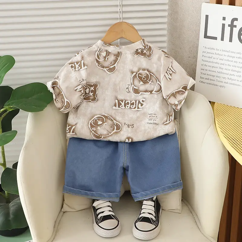 Kids Bear Print T-Shirt Shorts Set Summer Wear