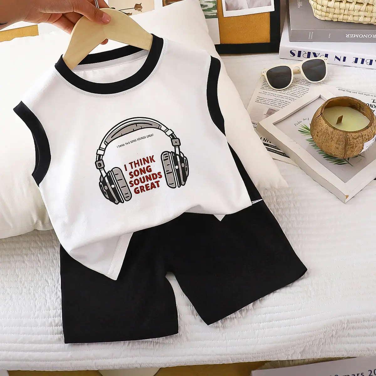 Kids Cotton Vest Suit White Black Summer Shorts