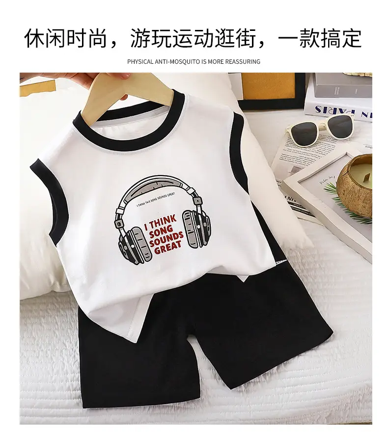 Kids Cotton Vest Suit White Black Summer Shorts — feature 4