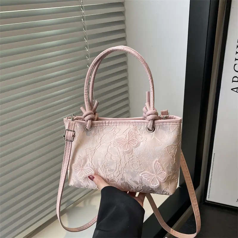 Pink Embroidered Textured Handbag for Women