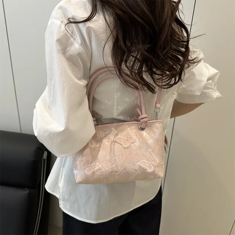 Pink Embroidered Textured Handbag for Women