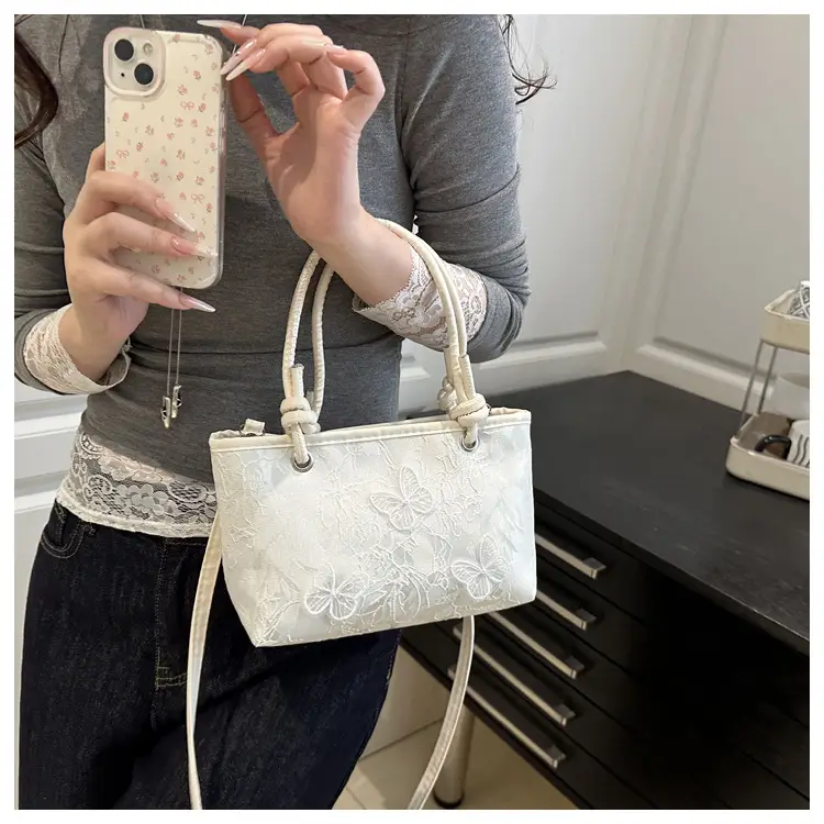 Pink Embroidered Textured Handbag for Women — feature 13