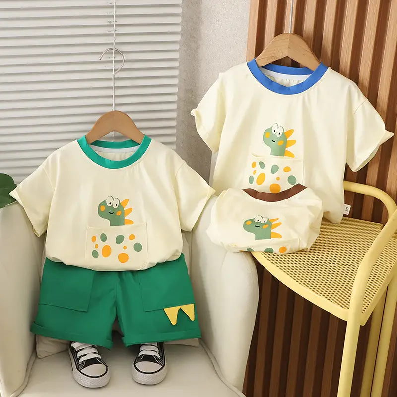 Kids Dinosaur T-Shirt Cream Green Shorts Set - Image 4