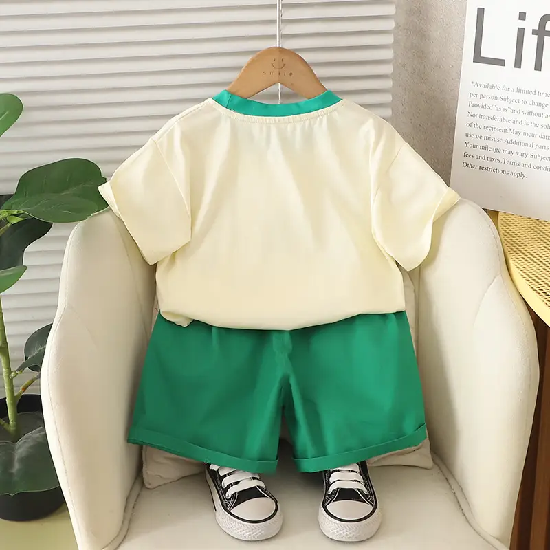 Kids Dinosaur T-Shirt Cream Green Shorts Set - Image 5