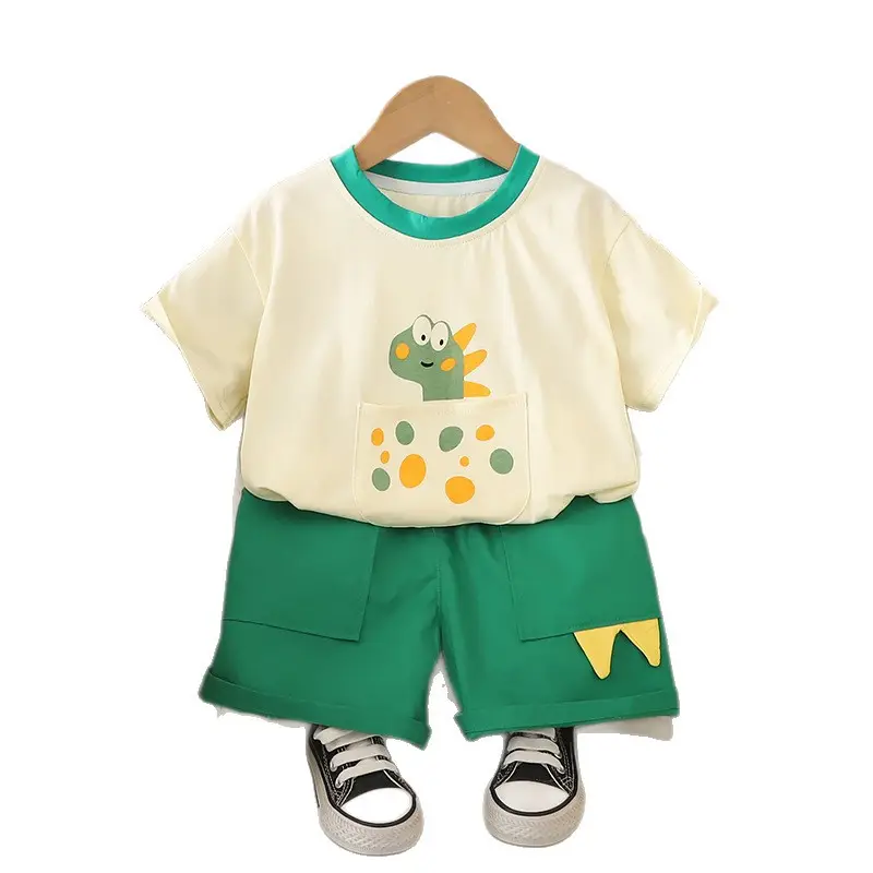Kids Dinosaur T-Shirt Cream Green Shorts Set - Image 6
