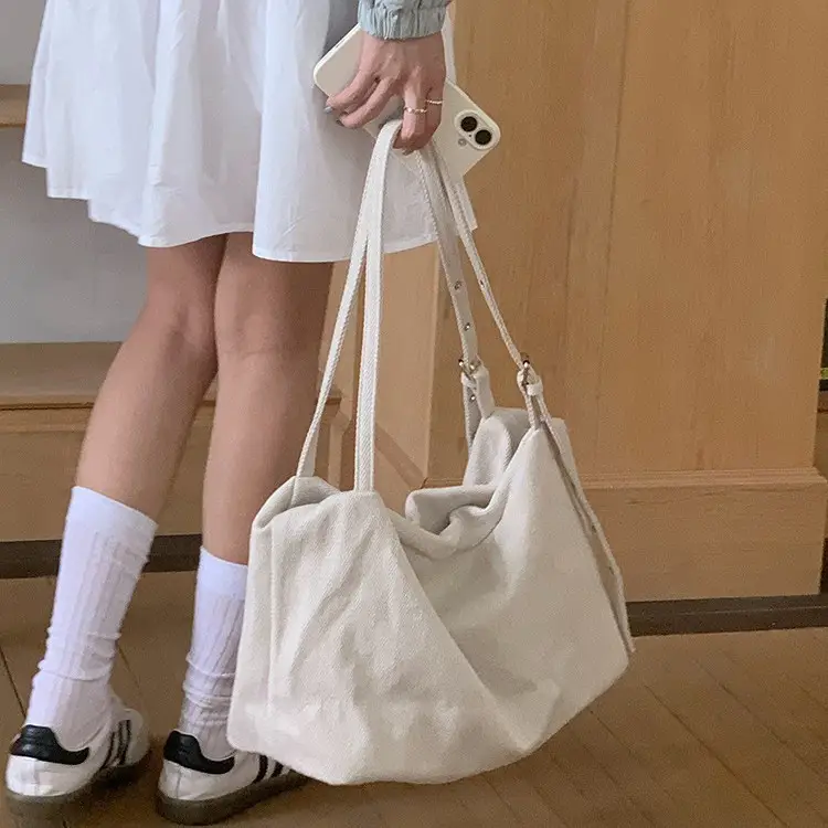 White Canvas Lazy Style Shoulder Bag for College Students - Image 4