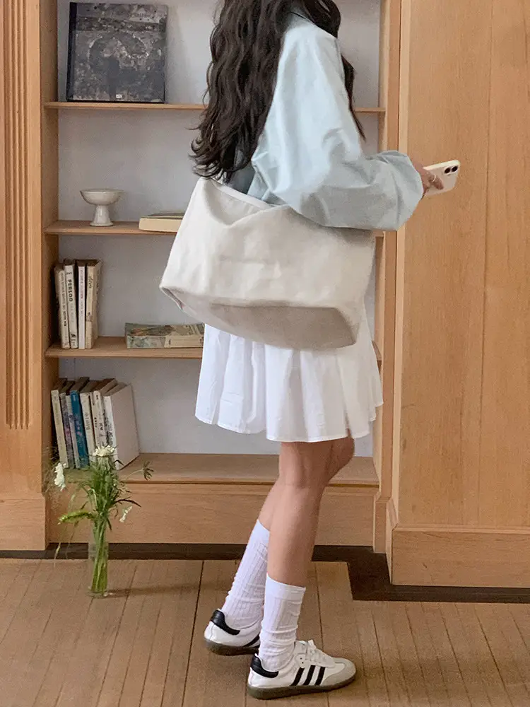White Canvas Lazy Style Shoulder Bag for College Students — feature 11
