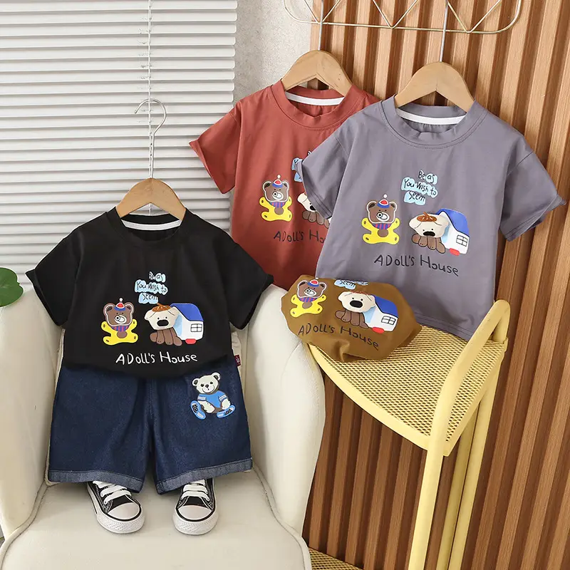 Kids Adult's House Bear T-Shirt Shorts Set Black Blue - Image 5