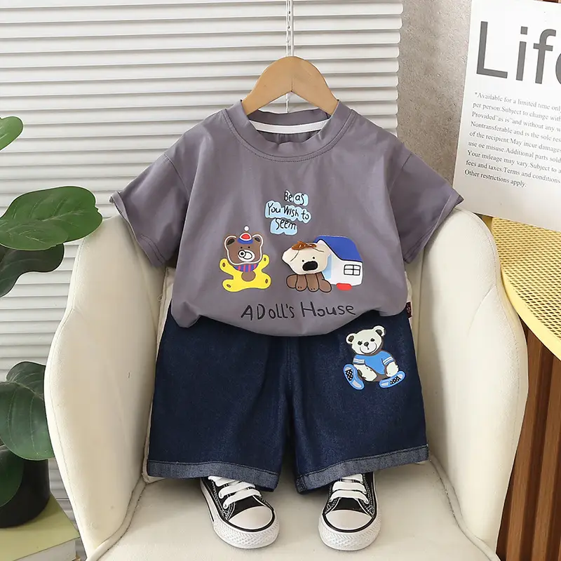 Kids Adult's House Bear T-Shirt Shorts Set Black Blue - Image 2