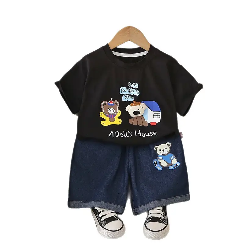 Kids Adult's House Bear T-Shirt Shorts Set Black Blue - Image 6
