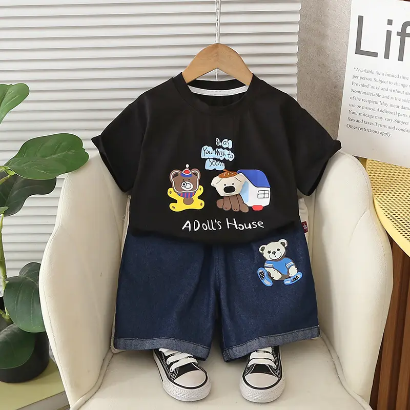 Kids Adult's House Bear T-Shirt Shorts Set Black Blue - Image 3