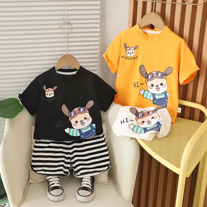 Kids Rabbit Print Summer T-Shirt Shorts Set Orange Striped - Image 4