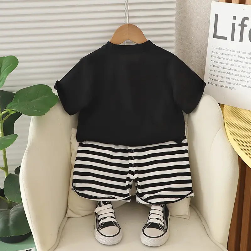 Kids Rabbit Print Summer T-Shirt Shorts Set Orange Striped - Image 5