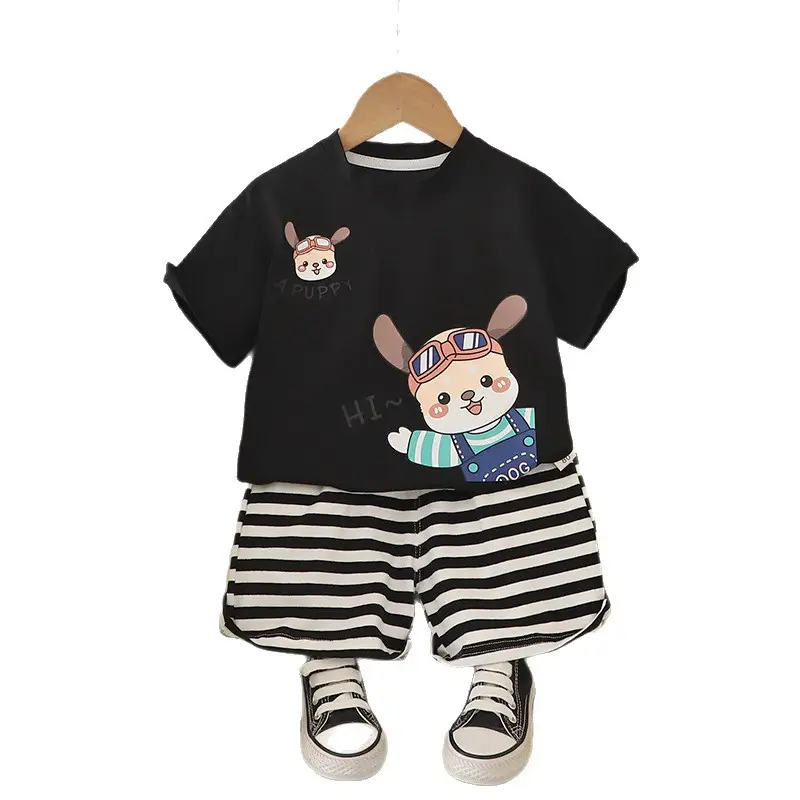 Kids Rabbit Print Summer T-Shirt Shorts Set Orange Striped - Image 6
