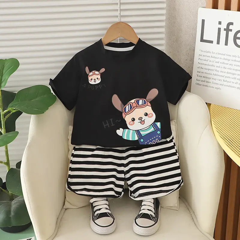 Kids Rabbit Print Summer T-Shirt Shorts Set Orange Striped - Image 2
