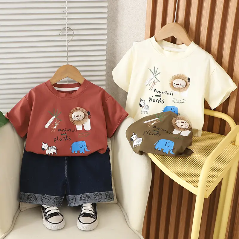 Kids T-Shirt Set Brown White Bear Print Summer Boys Korean Style - Image 4