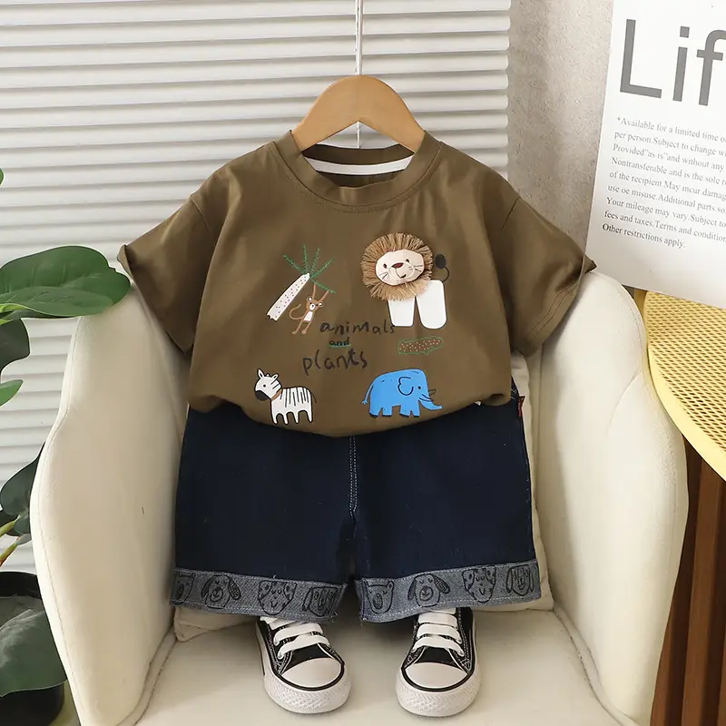 Kids T-Shirt Set Brown White Bear Print Summer Boys Korean Style - Image 3