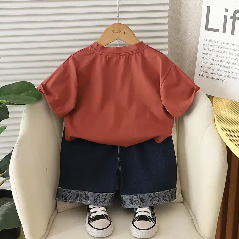 Kids T-Shirt Set Brown White Bear Print Summer Boys Korean Style - Image 5