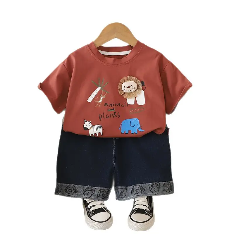 Kids T-Shirt Set Brown White Bear Print Summer Boys Korean Style - Image 6