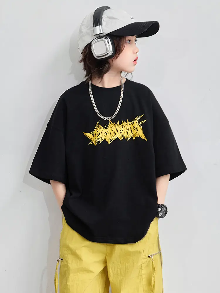 Boys T-Shirt Black Yellow Graphic 2026 Summer - Image 4