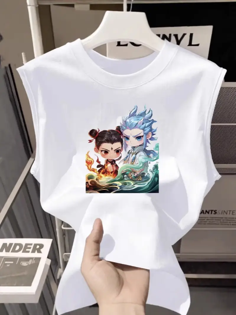 100% Cotton Nezha Cartoon T-Shirt Black Kids Girls
